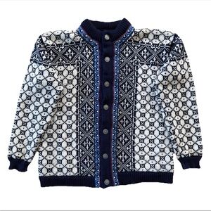 Vintage Dale of Norway Blue & White Nordic 100% Wool Cardigan Sweater Size Med